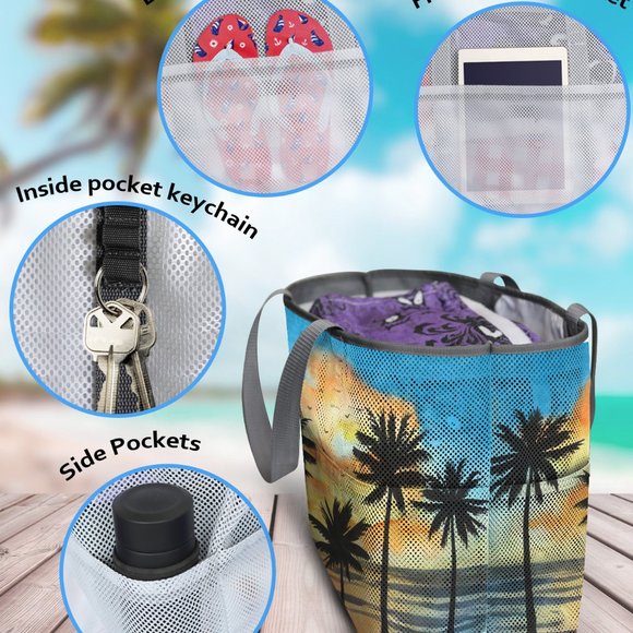 Large Sunset  Beach Patterned 7 Pocket Mesh Sand-Proof Beach Bag - Picture 3 of 5